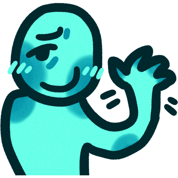 A cyan person blushing and waving their right hand.